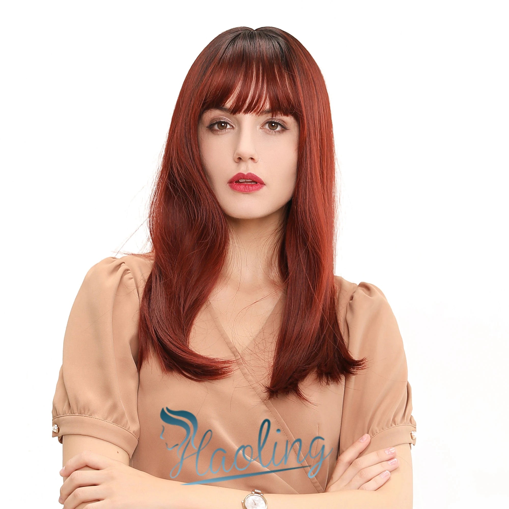 Fast Delivery  Long Silky Straight Wigs with Bangs Dark Black Brown Synthetic Wigs Bone Straight Fiber Hair Wig