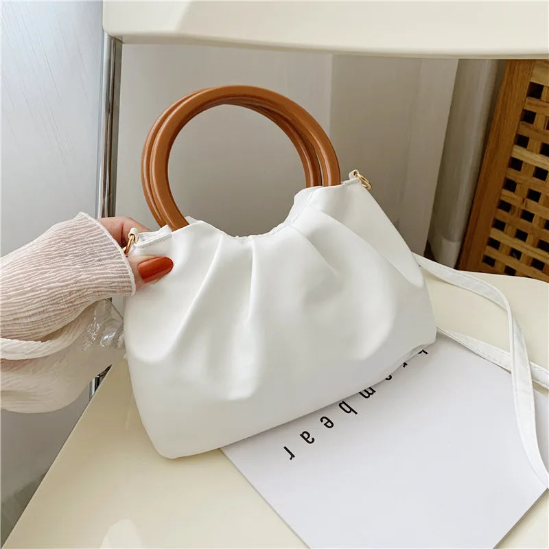Strength Manufacturer Fashion New Style Wooden Handle Soft Pleated Women Handbag Mini Crossbody Bag Handmade