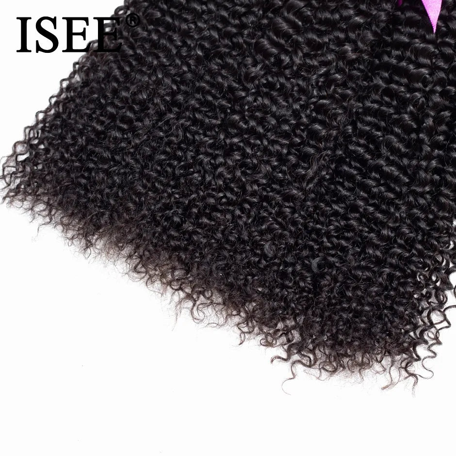 ISEE HAIR Mongolian Kinky Curly Hair Extension 100% Human Hair Bundles Unprocessed Virgin Hair Weaves 1/3/4 Bundles Nature Color
