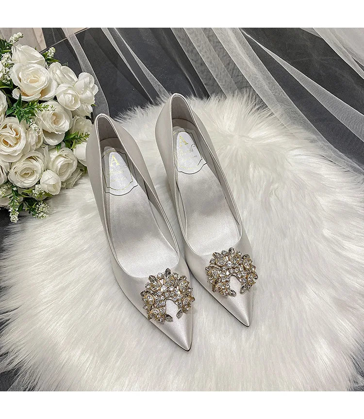 Classic Women Pumps Luxury Rhinestone Silk Wedding Shoes White Pointed Toe Party Dress Ladies Stiletto Bridal Heels
