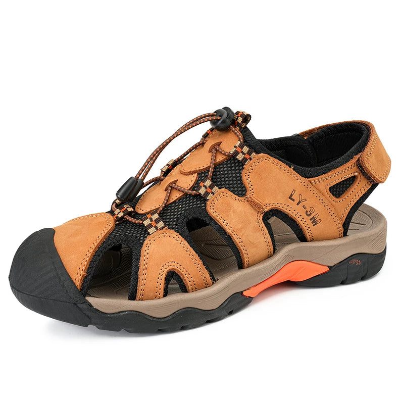 OEM Service Factory Supply Hand Made Anti Slip Comfortable Large Size Close Toe Summer Cow Genuine Leather Sandals for Men