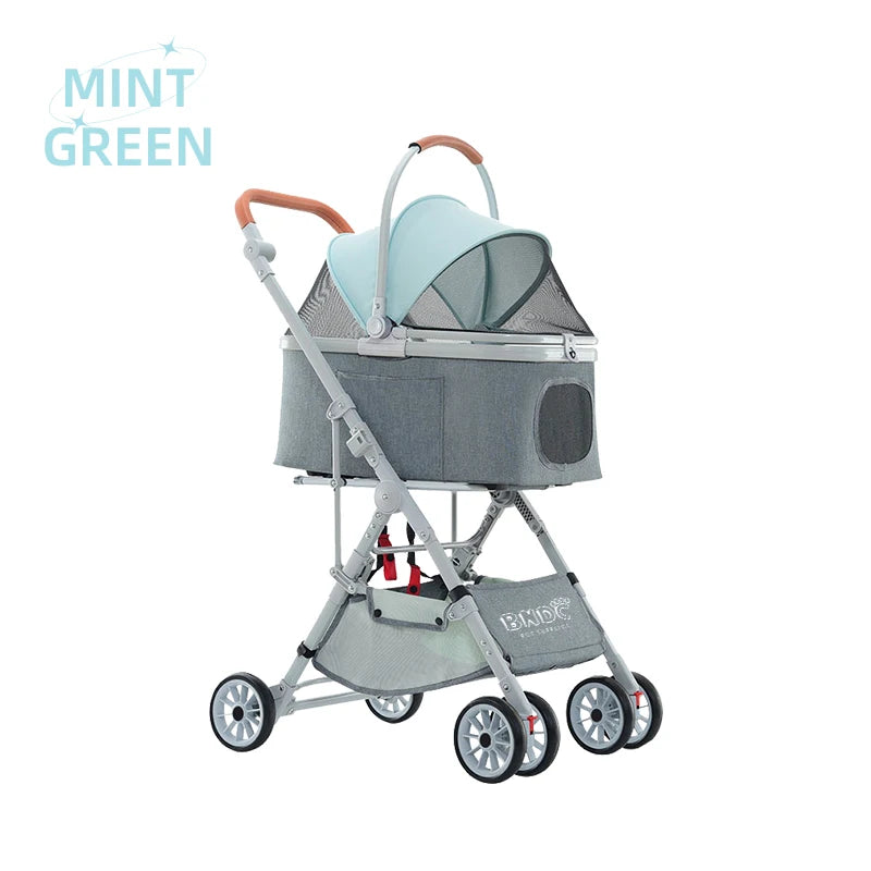 Luxury Easy Fold Removable Liner Waterproof Adjustable Storage Basket Pet Stroller 4 Wheel 15kg Capacity for Dogs/Cats Aluminum