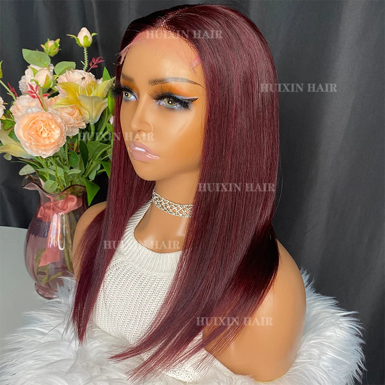 Wholesale Virgin Raw Brazilian Indian 100% Human Hair Wine Red Straight 4x4 HD Lace Closure Wig