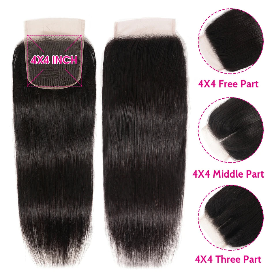 Unice Hair Straight Human Hair Bundles With Closure Natural Color 100% Human Hair 4x4 Lace Closure With 3/4 PCS Deals