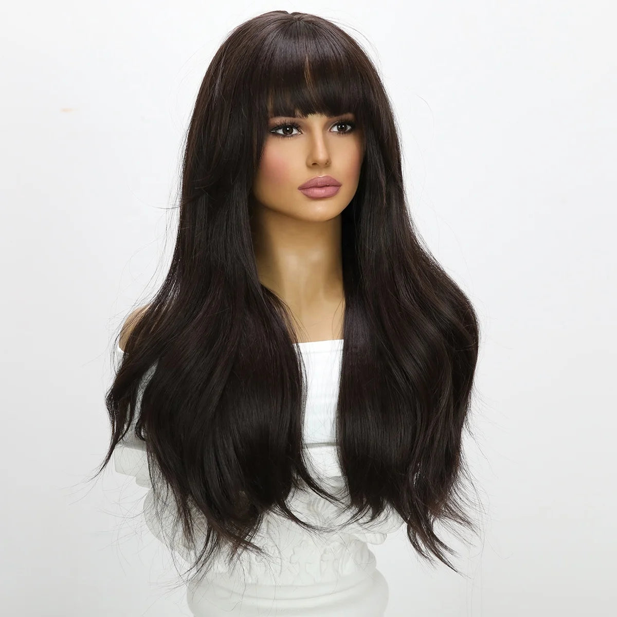 2025 Tea Black Color Synthetic Wigs with Bangs Long Natural Wavy Hair Wig for Women Daily Use Cosplay Party Heat ResistantSM7235