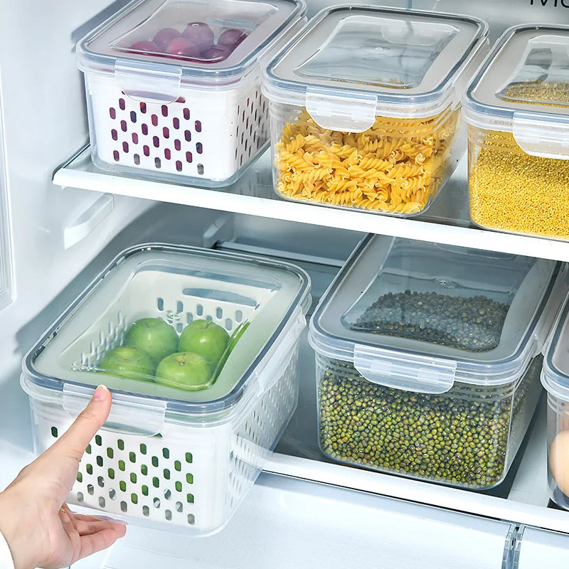 Fridge Organizer Bins Leakproof Plastic Transparent Kitchen Food Pantry Storage Containers With Lids and Removable Colanders