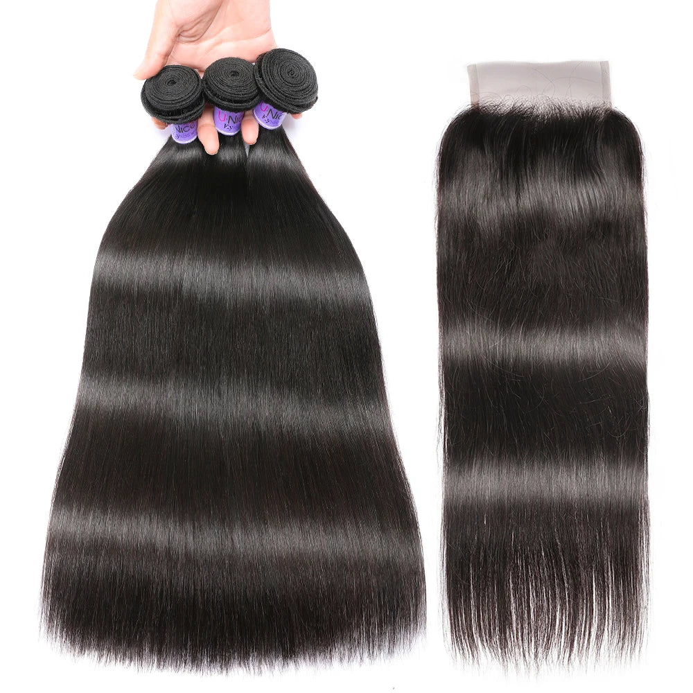 Unice hair Free Shipping Peruvian Virgin Hair With Closure 3 Bundles Peruvian Straight Hair Wefts 12A Grade Peruvian Middle Part