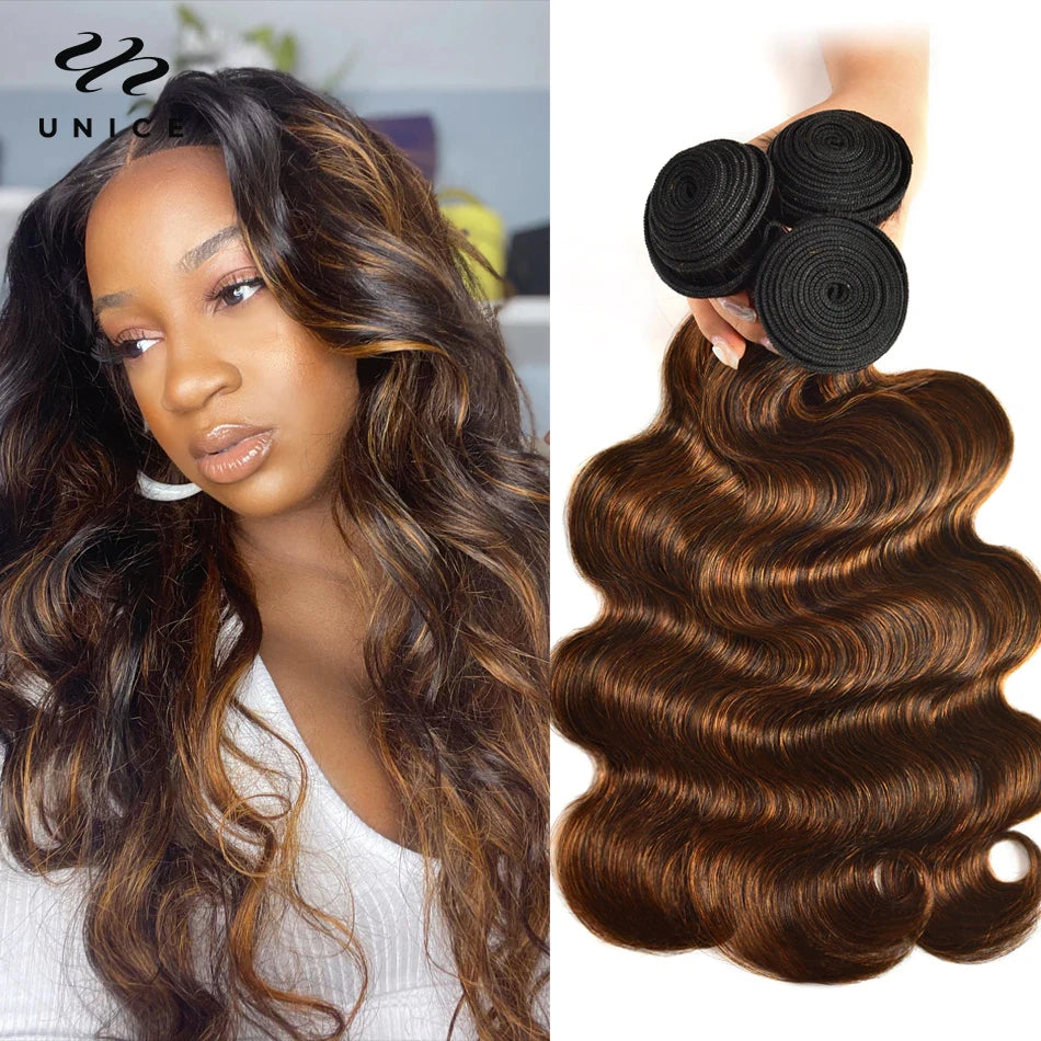 Unice Hair Brown Highlight Body Wave Human Hair Bundles 3PCS Deal 100% Human Hair Balayage Colored Bundles Sew In Weaves