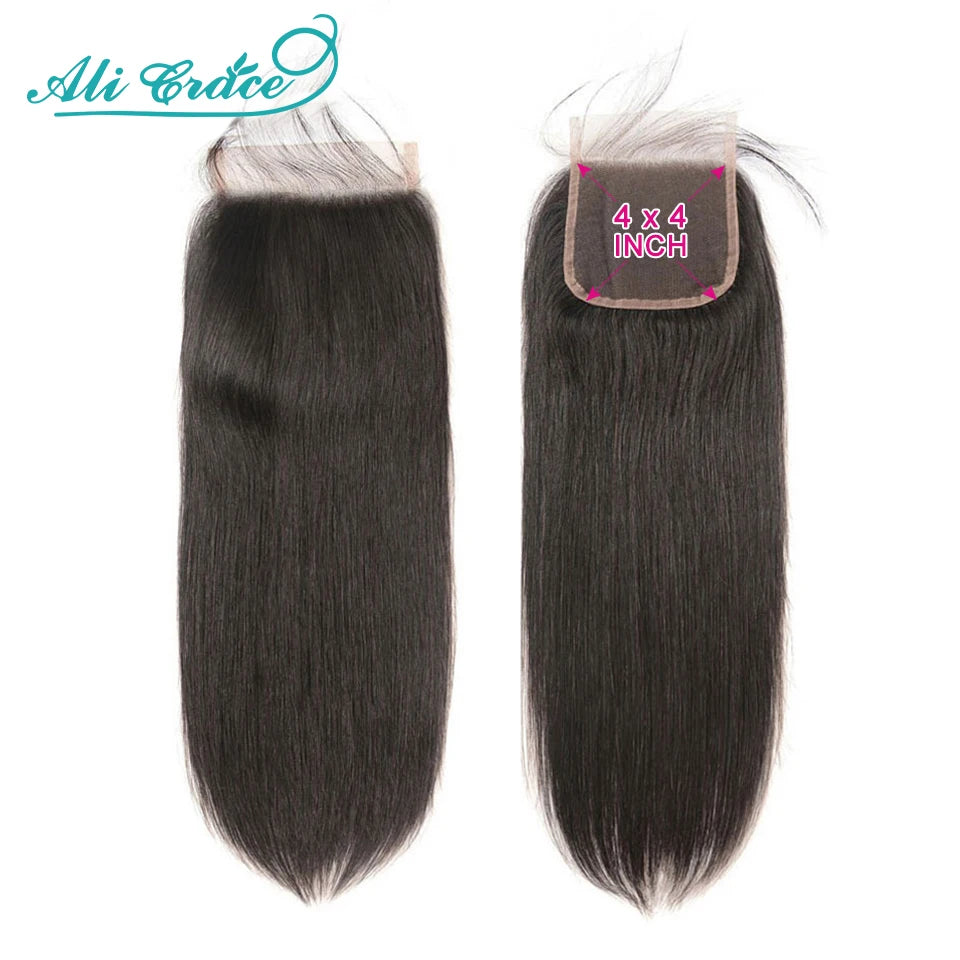 Ali Grace Straight Hair Bundles With Closure 4x4 Closure With Bundle Brazilian Human Hair Weave With Transparent Lace Closure