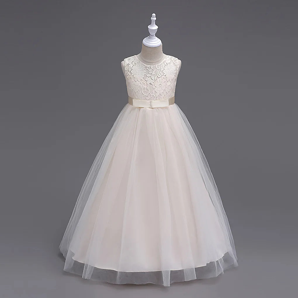 Morili  Good Quality Puffy Ball Gown Little Girl Dress Floor Length Appliqued Lace Tulle  Flower Girl Dresses  Bowtie MFA9999
