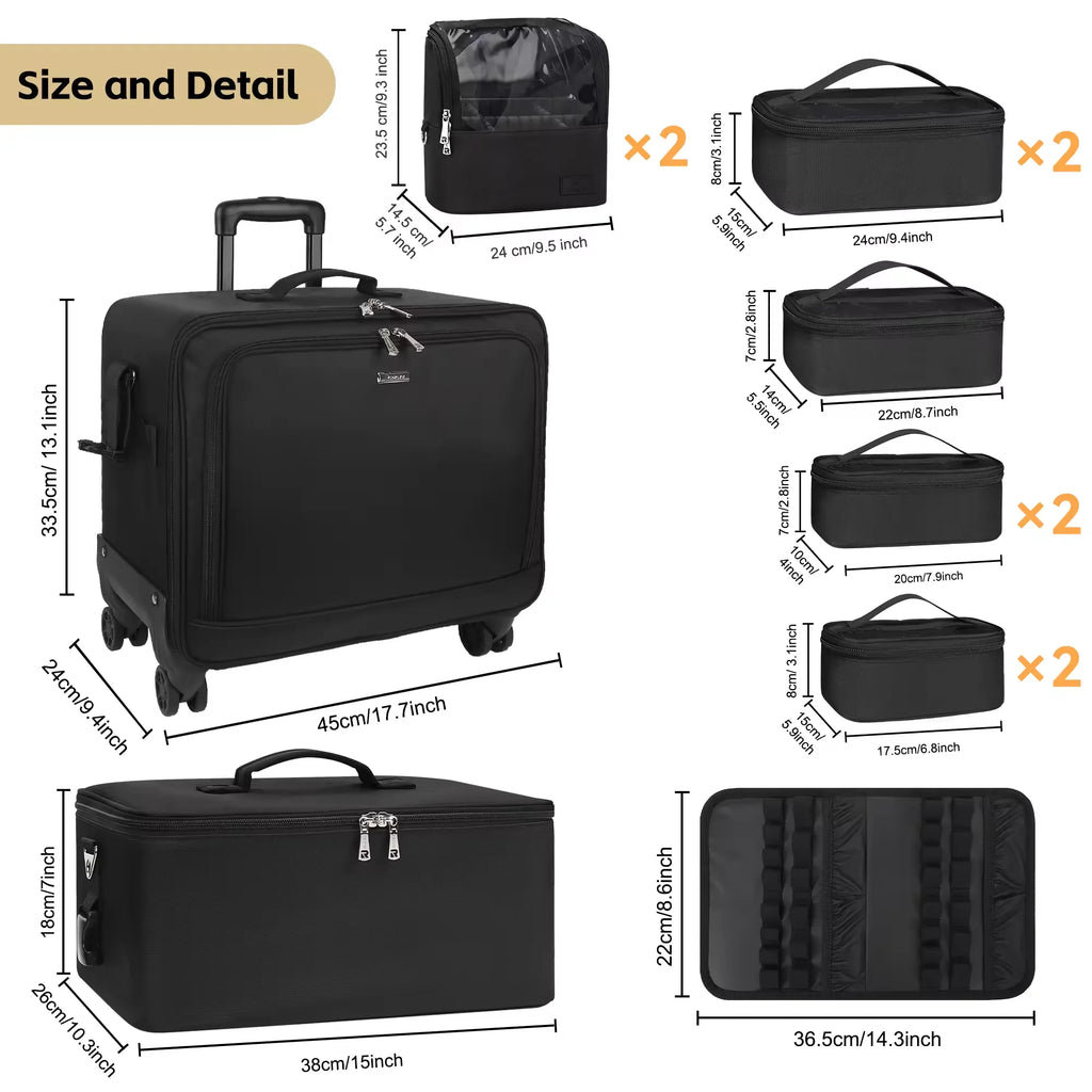 Relavel Professional 4 in 1 Black Canvas Rolling Artists Makeup Cases Travel Trolley Case with 7 Small Bags Cosmetic Cases