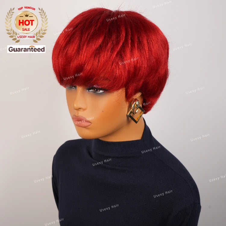 Pixie Cut Wig Red Colored Full Machine Made Perruque Cheveux Humain Short Bob Wig Cheap Glueless No Lace Remy Hair Wig for Women