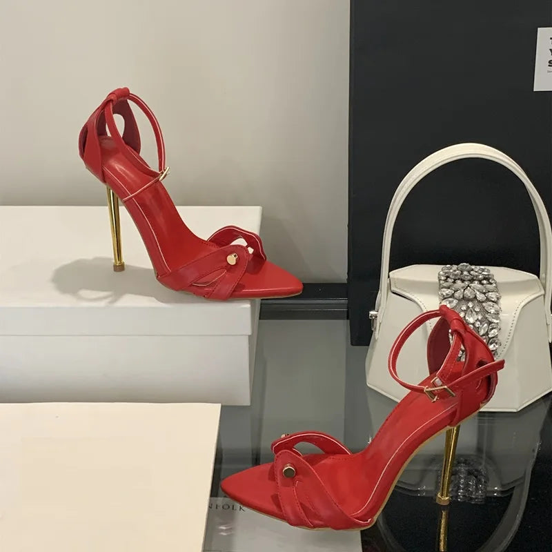 Leopard 11CM Metal Heel Sandals Pointed Toe Straight Strap Shoes Ladies Fashion Sexy Stiletto Ankle Buckles Heels