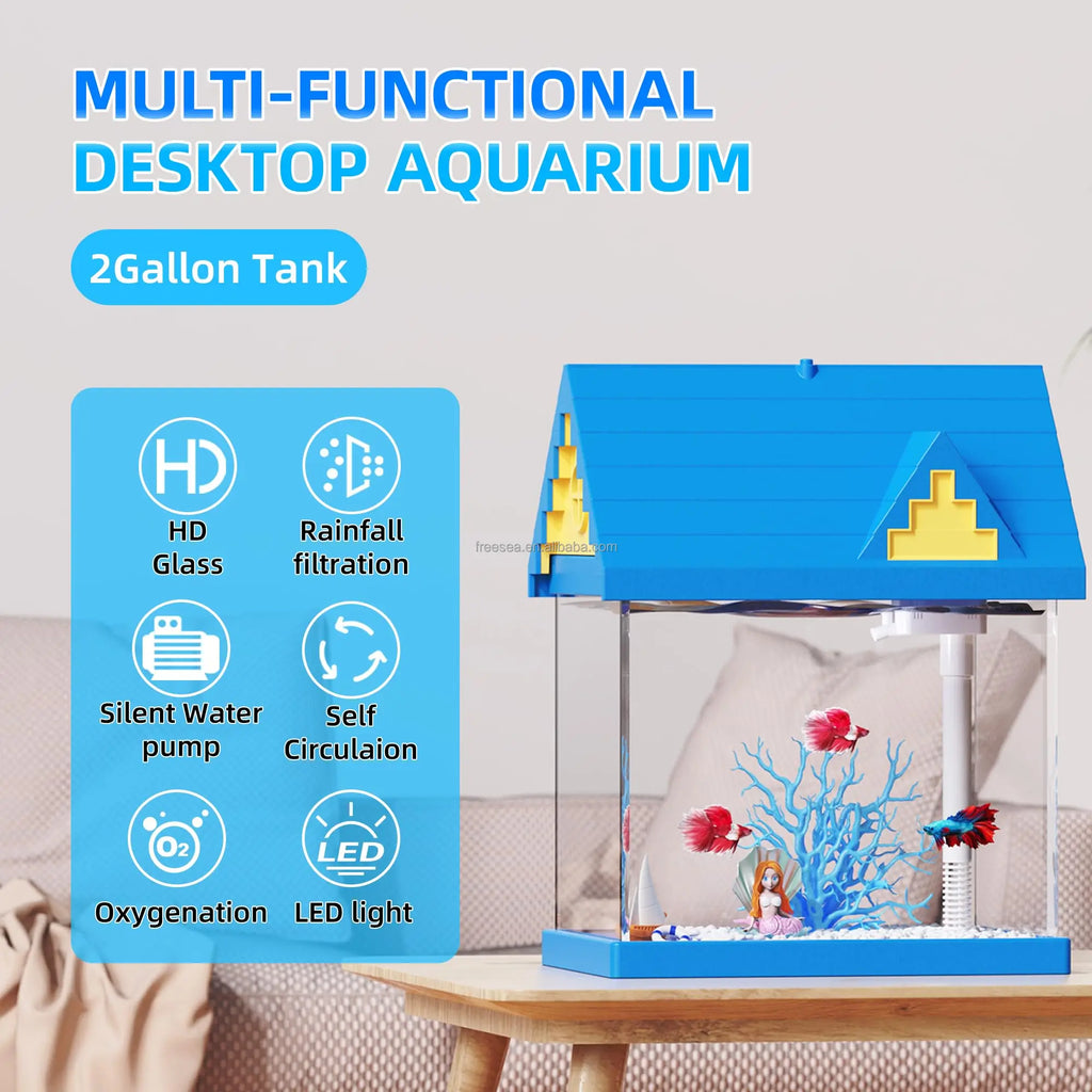 Mermaid Blue 2-Gallon Aquarium Fish Tank Kid's Gift with Filter Pump Glass Plastic Material for Living Room Kitchen Desktop