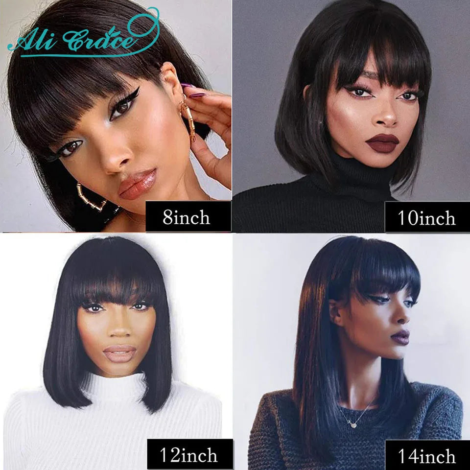 Ali Grace Brazilian Straight Bob Wig With Bangs Machine Made Wig Natural Color Human Hair Wigs Short Bob Fringe Wigs For Women
