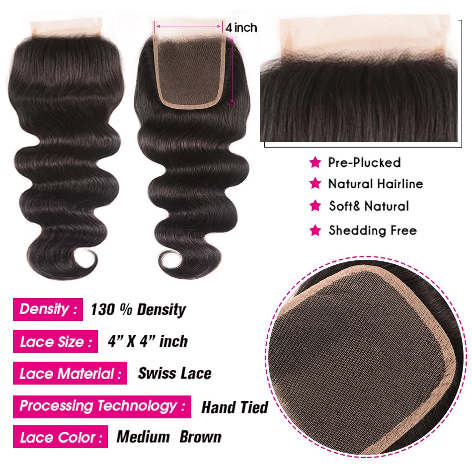 UNICE HAIR 4x4 Lace Closure With Malaysian Body Wave 3/4 Bundles with Lace Closures With Remy Hair Human Hair Bundles