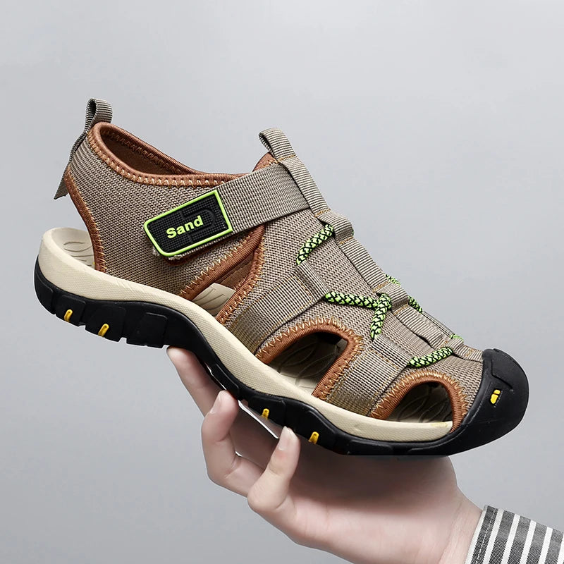 Factory Supply Large Size Feet Fly Mesh Upper Anti Slip Hand Made Sewing Men Closed Toe Summer Beach Sandals