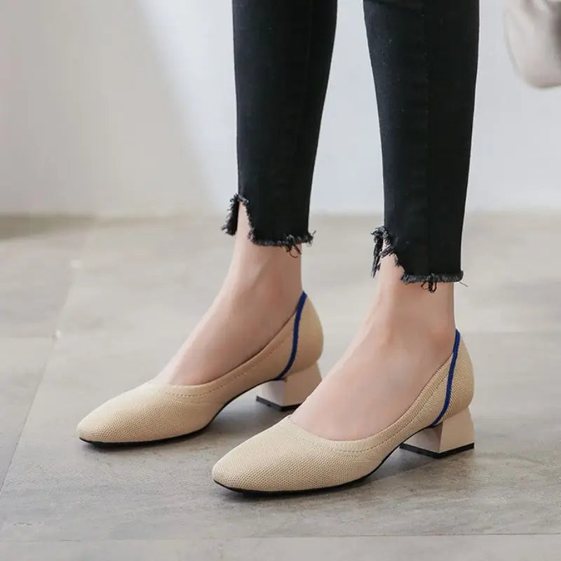 Knitted Fabric Comfortable Office Wear Formal Shoes Slippers Low Block Heels for Women