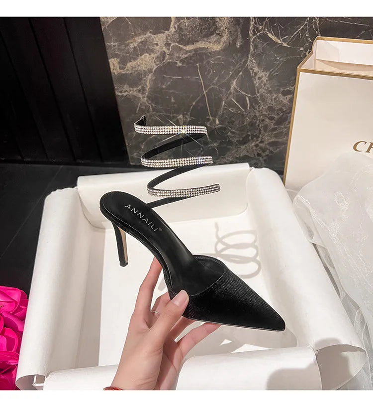 New Arrivals Styles Customized Rhinestone Crystal Sexy Women's High Heel slippers Fashion Ladies Thin Heel Tip Shoes for Women