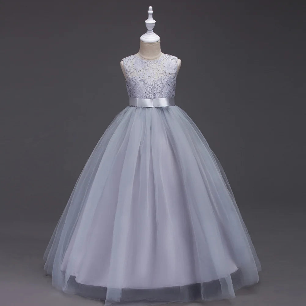 Morili  Good Quality Puffy Ball Gown Little Girl Dress Floor Length Appliqued Lace Tulle  Flower Girl Dresses  Bowtie MFA9999