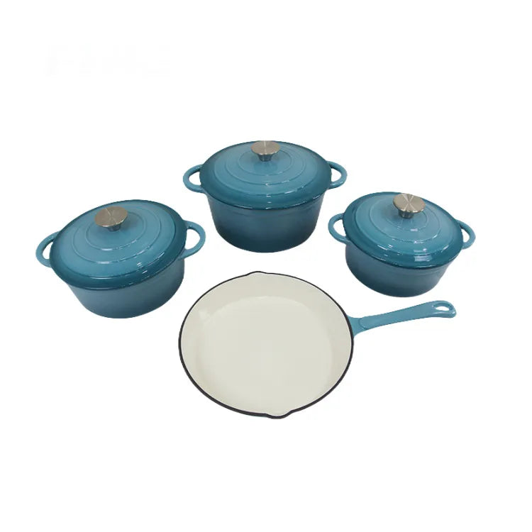 Modern Design 4-Piece Cast Iron Enamel Cookware Set Flat Frying Pan and Soup/Stew Pot Factory-Cast Metal Enamel Pot
