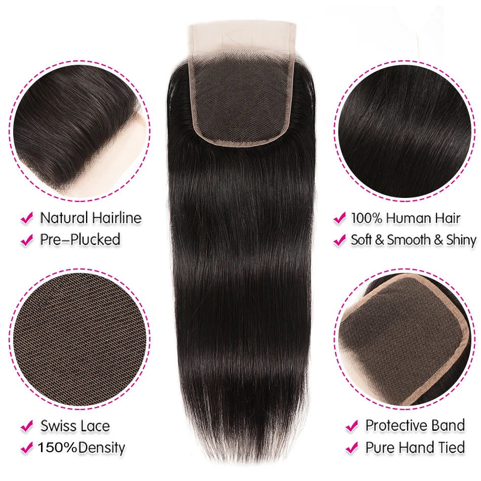 UNice Hair Peruvian Straight Hair Lace Closure Free& Middle Part 4x4 Remy Human Hair Closure  5x5 HD Lace Closure 1PC