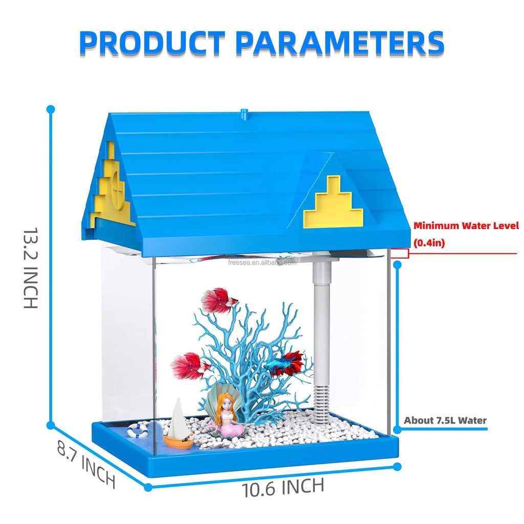 Mermaid Blue 2-Gallon Aquarium Fish Tank Kid's Gift with Filter Pump Glass Plastic Material for Living Room Kitchen Desktop