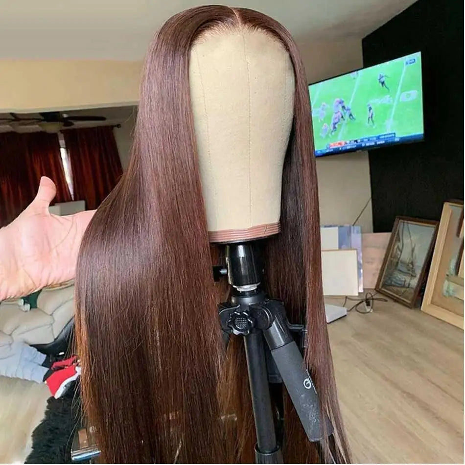 Premium Chocolate Brown Colored 13x4 HD Lace Front Human Hair Wigs Tuneful 30 Inch Raw Indian Straight Human Hair Frontal Wigs