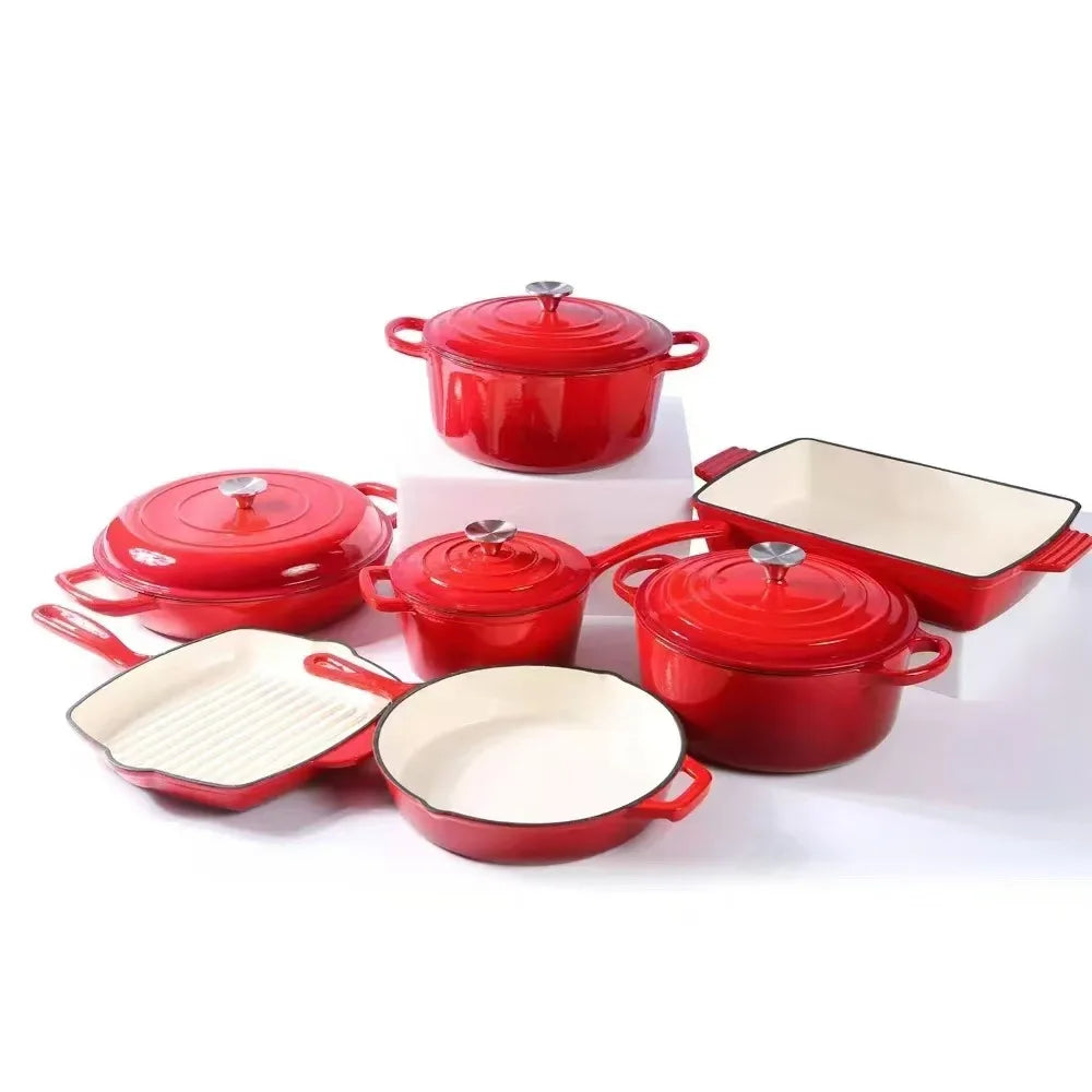 14-Piece Modern Design Cast Iron Enamel Pot Set for Kitchen Use Parties Includes Frying Pan Stew Pot Seafood Pot Food Storage