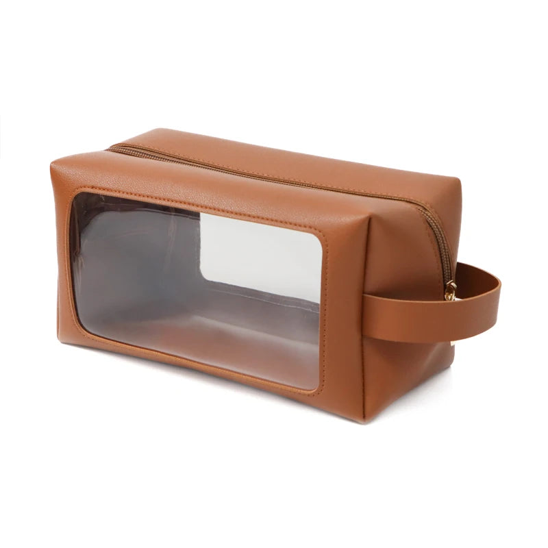 Portable Transparent PVC Toiletry Bags PU Leather Waterproof Zipper Wash Bag Women Makeup Cosmetic Bag for Traveling