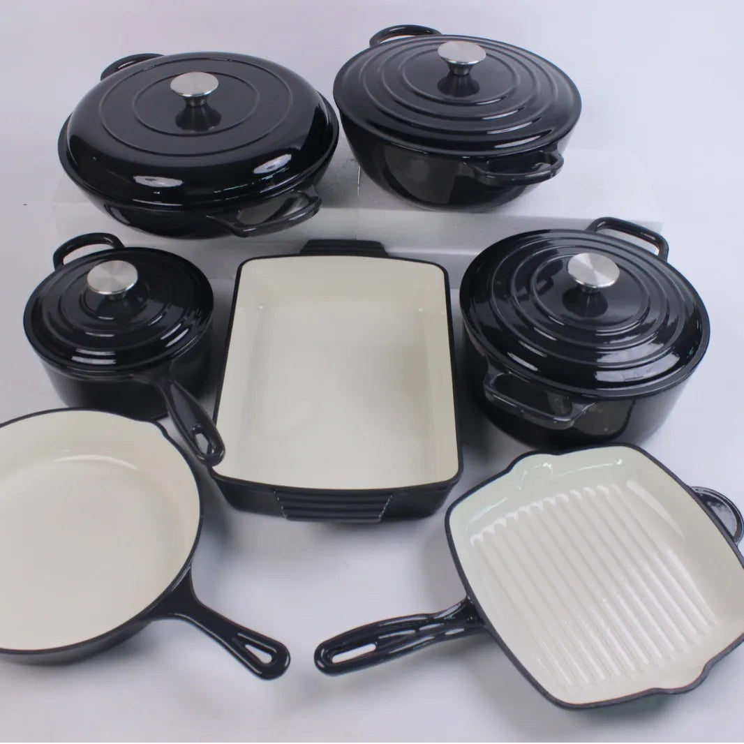 14-Piece Modern Design Cast Iron Enamel Pot Set for Kitchen Use Parties Includes Frying Pan Stew Pot Seafood Pot Food Storage