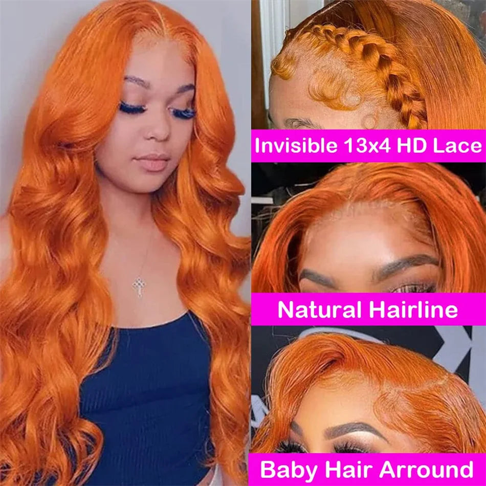 #350 Ginger Orange Color 13x4 Lace Front Body Wave Remy Hair Wig Pre Plucked HD Lace Frontal Human Hair Wigs for Women