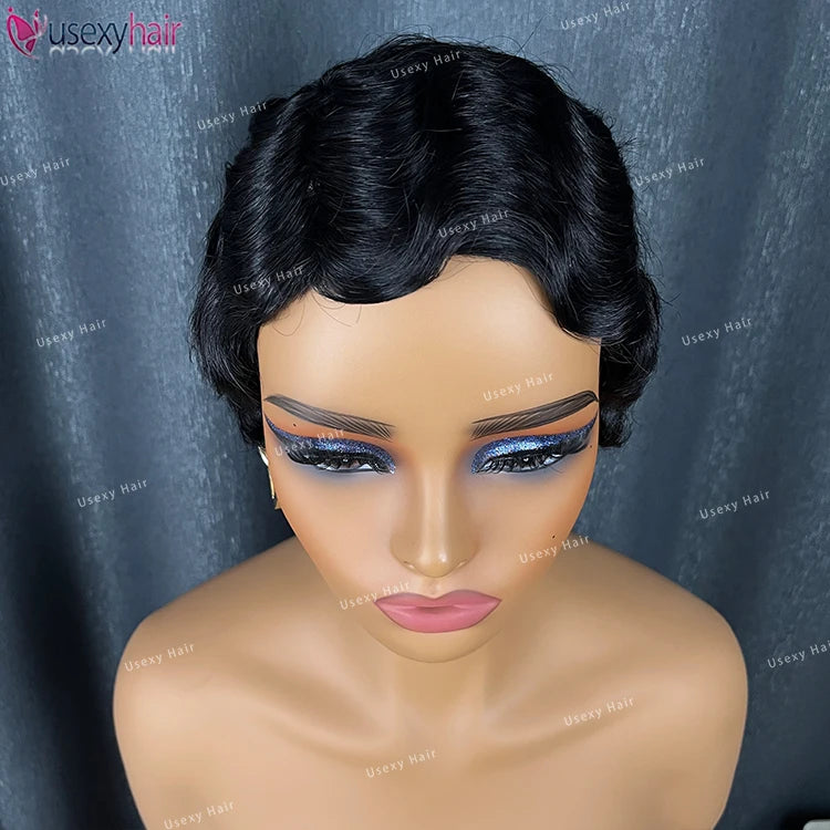 Factory Price Short Bob Pixie Cut Glueless Human Hair Wig None Lace Front Wig With Bangs Natural Black Full Machine Made Wigs
