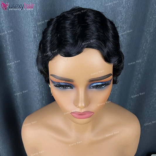 Factory Price Short Bob Pixie Cut Glueless Human Hair Wig None Lace Front Wig With Bangs Natural Black Full Machine Made Wigs