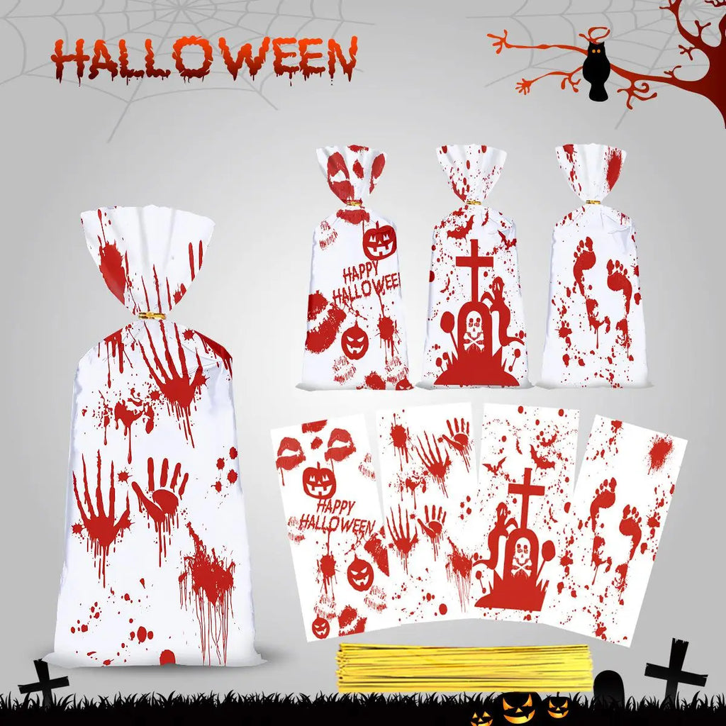 Halloween Bloody Hand Pumpkin Themed Cellophane Candy Goodie Bags with Twists Party Favors for Treats Made in China