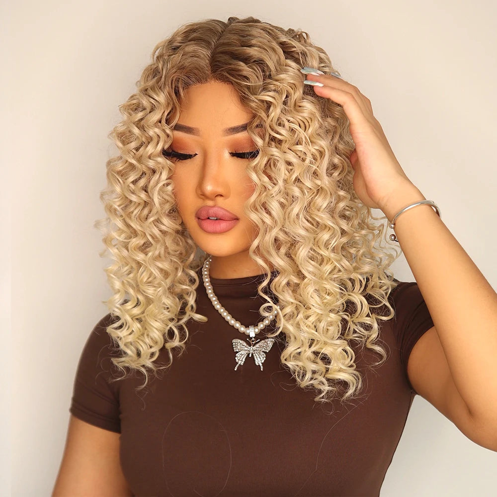 Peluca Women Blonde Kinky Curly Hair Wigs Medium Length Lace Frontal Wigs for Black Women