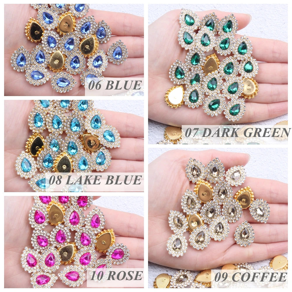 Hot Sale Flatback Claw Glass Rhinestones 7x10mm 200pcs Sew on Tear Shiny Crystals Gold Base for Bags & Clothes