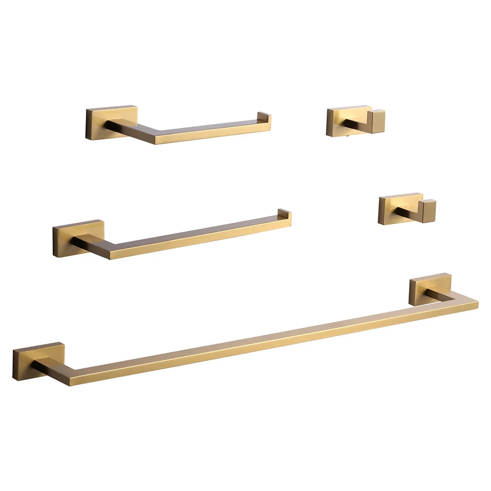 5 Piece Hotel Home Bathroom Accessories Set Brushed Gold Towel Bar/Hand Towel Holder/Hooks Bathroom Hardware Set