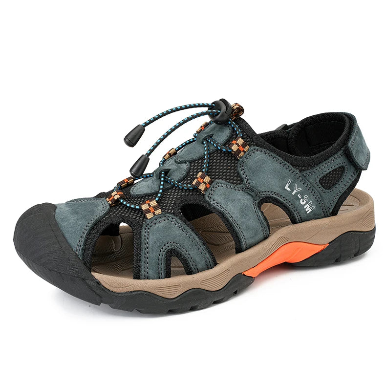 OEM Service Factory Supply Hand Made Anti Slip Comfortable Large Size Close Toe Summer Cow Genuine Leather Sandals for Men