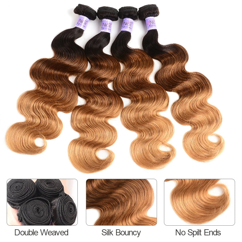 UNice Hair Kysiss Series Ombre Hair 3 Bundles Body Wave  Brazilian Hair Weave Bundles 3 Tone Blonde T1B/4/27 Virgin Human Hair