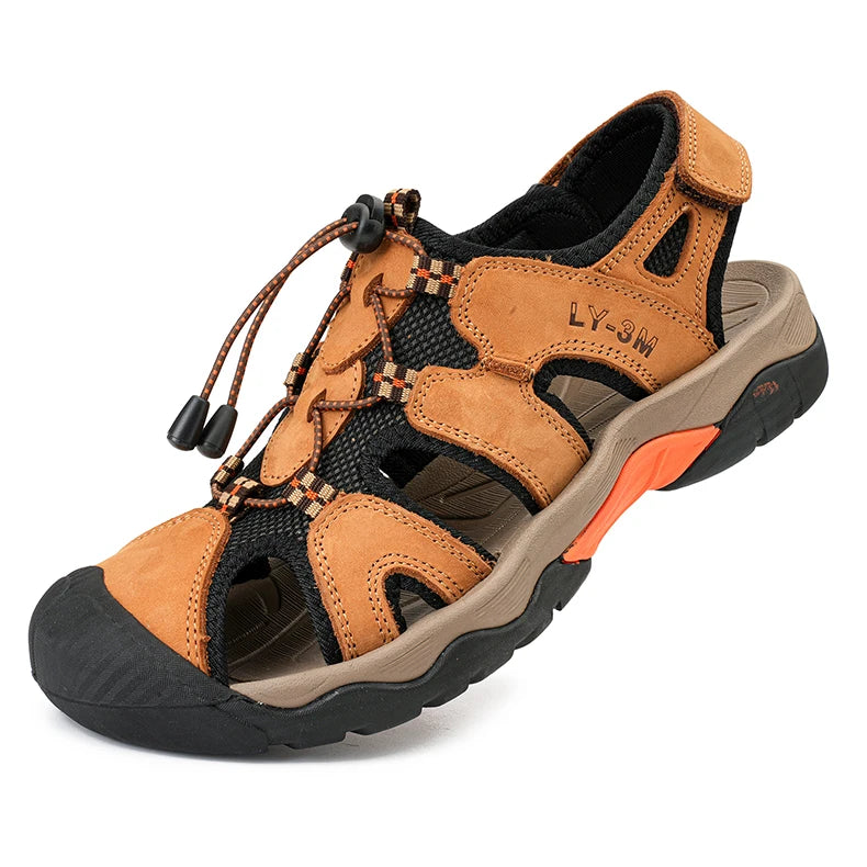 OEM Service Factory Supply Hand Made Anti Slip Comfortable Large Size Close Toe Summer Cow Genuine Leather Sandals for Men
