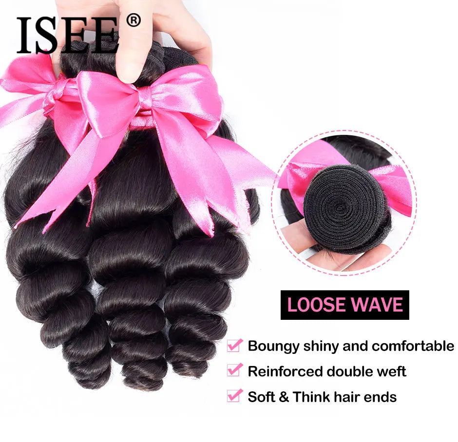 ISEE HAIR Brazilian Loose Wave Human Hair Extension 3 Bundles 100% Remy Hair Weave Bundles Nature Color bundles raw hair