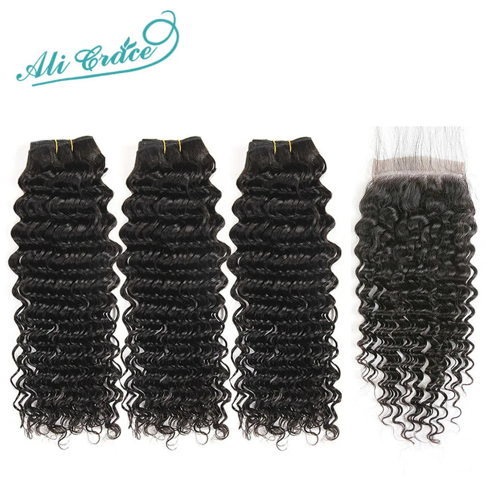 Ali Grace Hair Brazilian Deep Wave With Closure 3 Bundles Deep Wave Hair With Closure 4x4 Lace Closure Remy Hair Extension