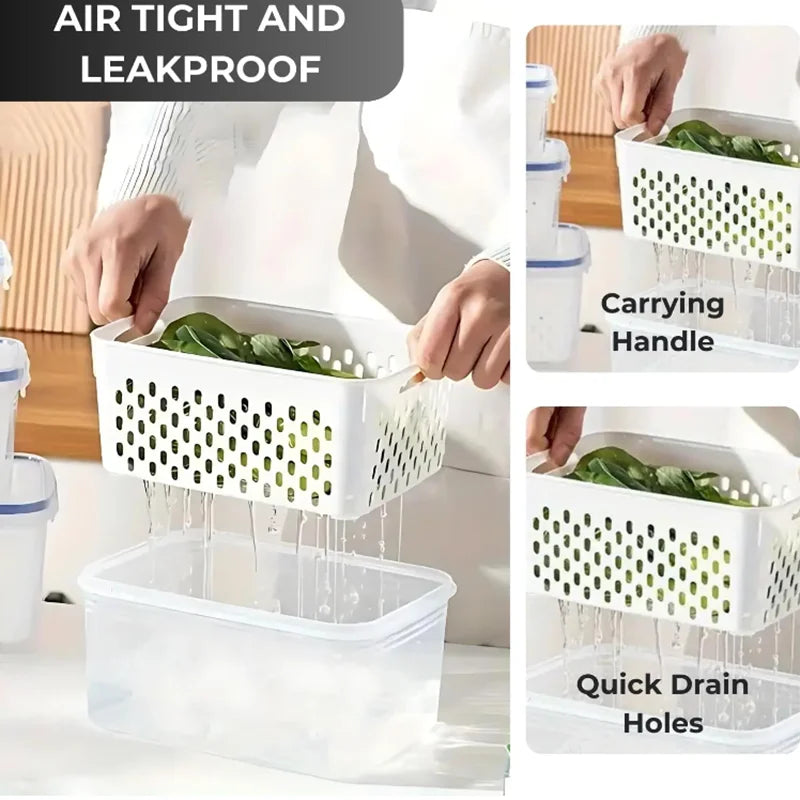 Fridge Organizer Bins Leakproof Plastic Transparent Kitchen Food Pantry Storage Containers With Lids and Removable Colanders