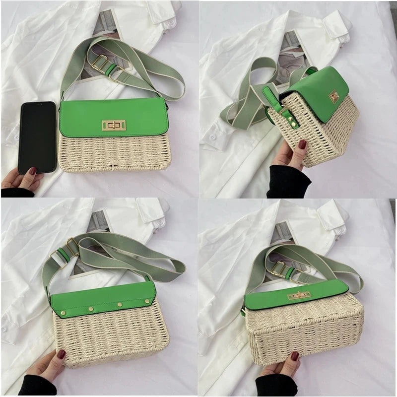 Summer Women's Female Straw Shoulder Bag - Small Flap Crossbody Bags for Women - Luxury Women's Bag with Cell Phone Purse