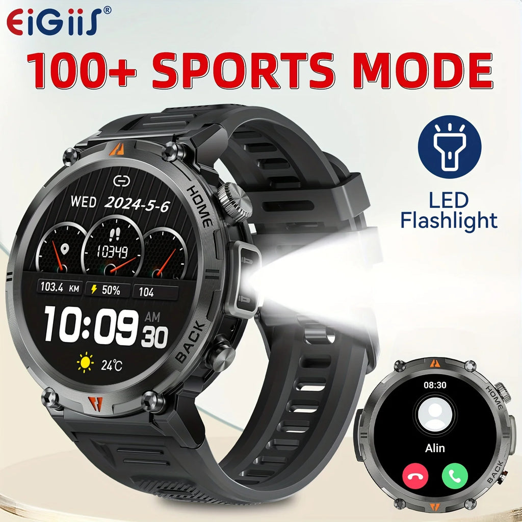 Wireless Calling EIGIIS Smart Watch for Men - LED Lighting Outdoor Sports Watch - Weather Remote Photo Music Control Smartwatch
