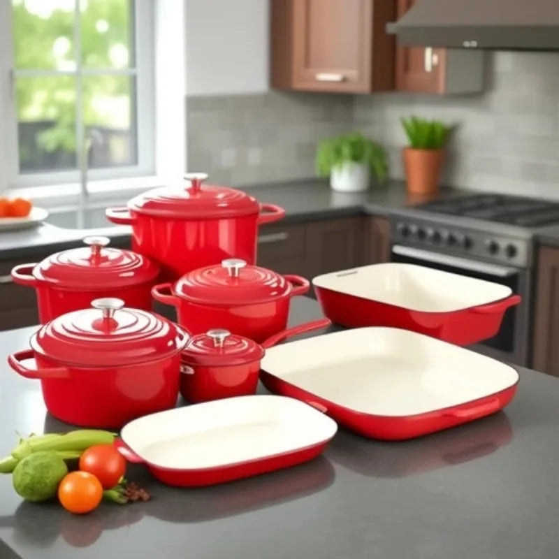 14-Piece Modern Design Cast Iron Enamel Pot Set for Kitchen Use Parties Includes Frying Pan Stew Pot Seafood Pot Food Storage