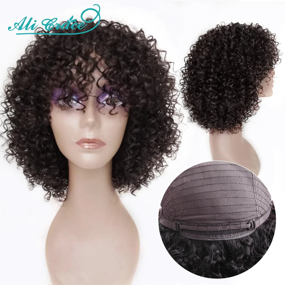 30CM Curly Human Hair Wigs With Bang Machine Made No Lace Wigs Cheap Full Curly Ali Grace Brazilian Hair Fringe Wig