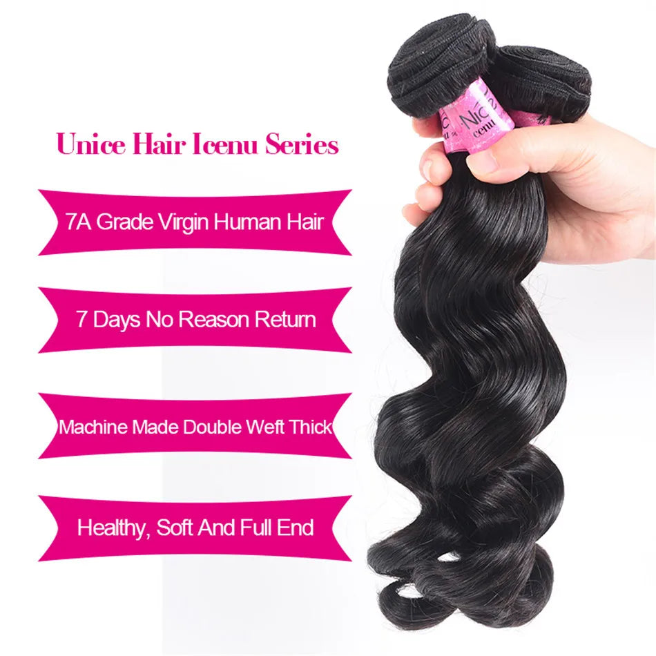 UNice Hair Brazilian Loose Wave Hair Extension 3 PCS 100% Human Hair Bundles Remy Hair Weave 16-26 Inch Natural Color