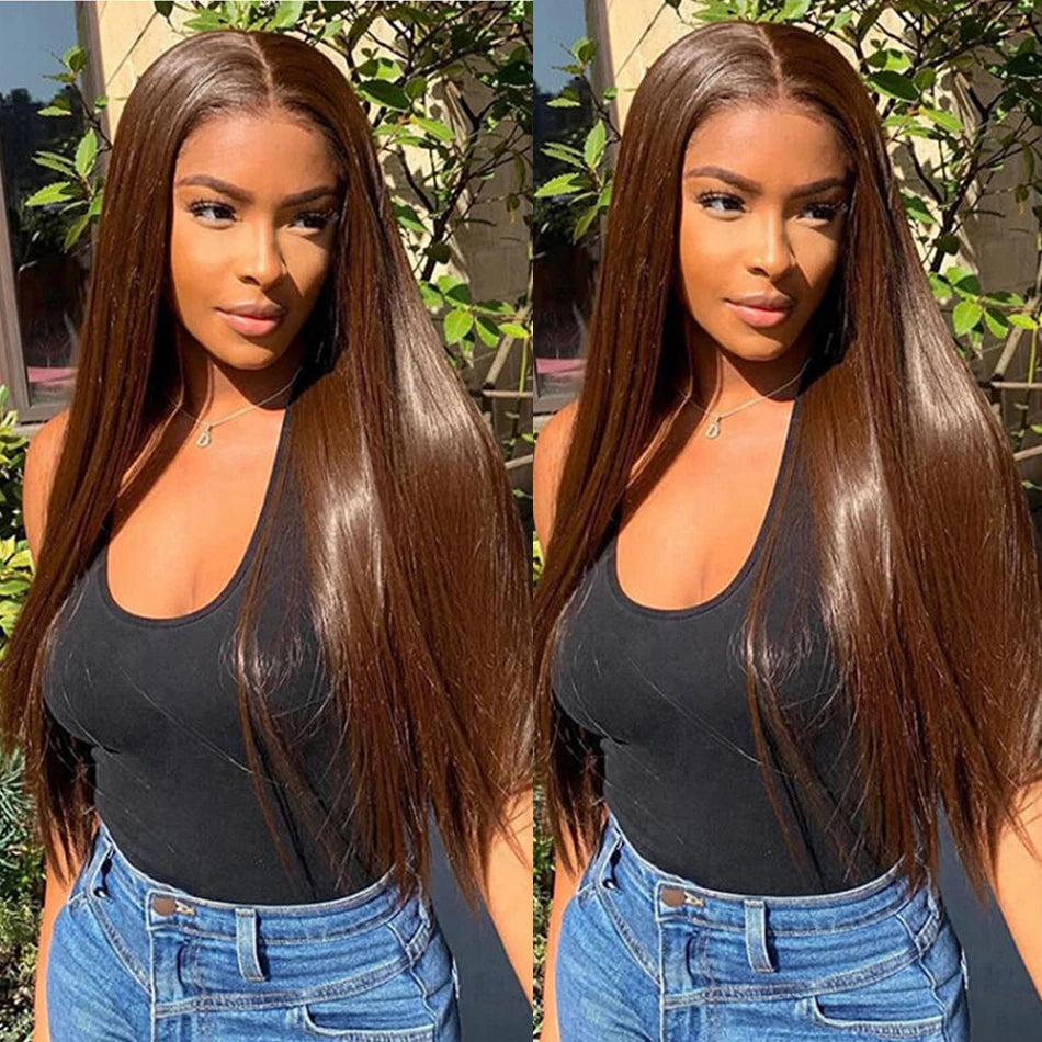 Premium Chocolate Brown Colored 13x4 HD Lace Front Human Hair Wigs Tuneful 30 Inch Raw Indian Straight Human Hair Frontal Wigs